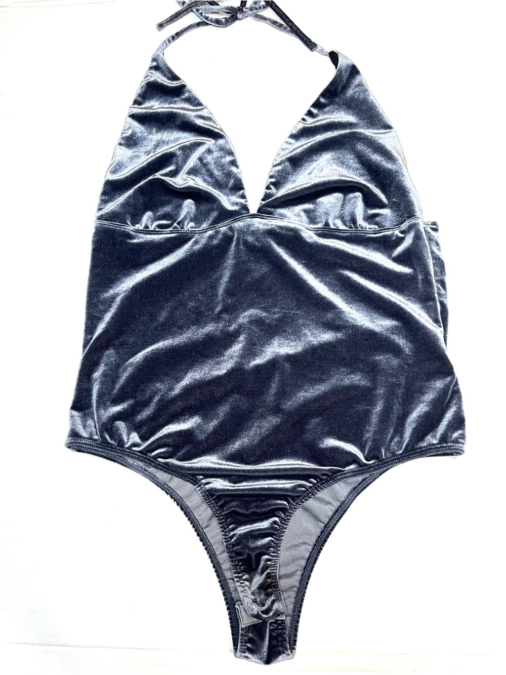 La Hearts Velvet Halter Bodysuit - Charcoal Gray